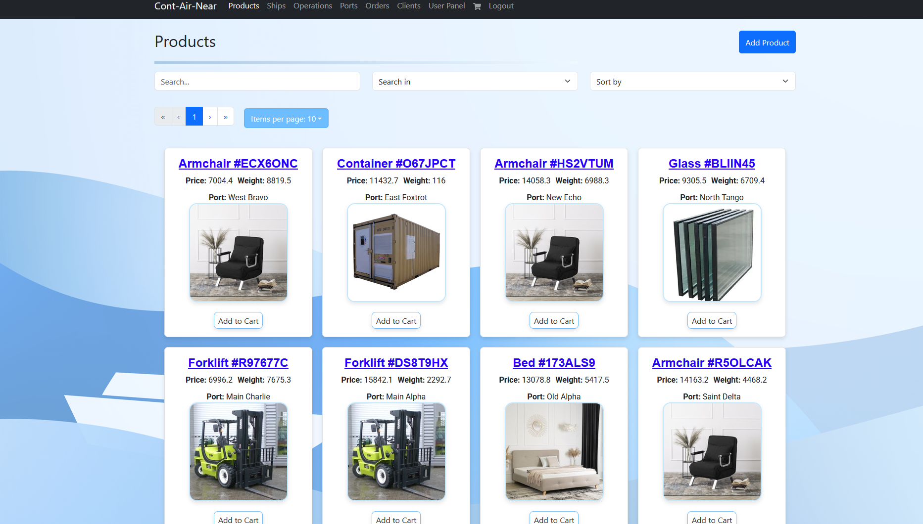 Cont-Air-Near products interface with search, sorting, pagination and product cards