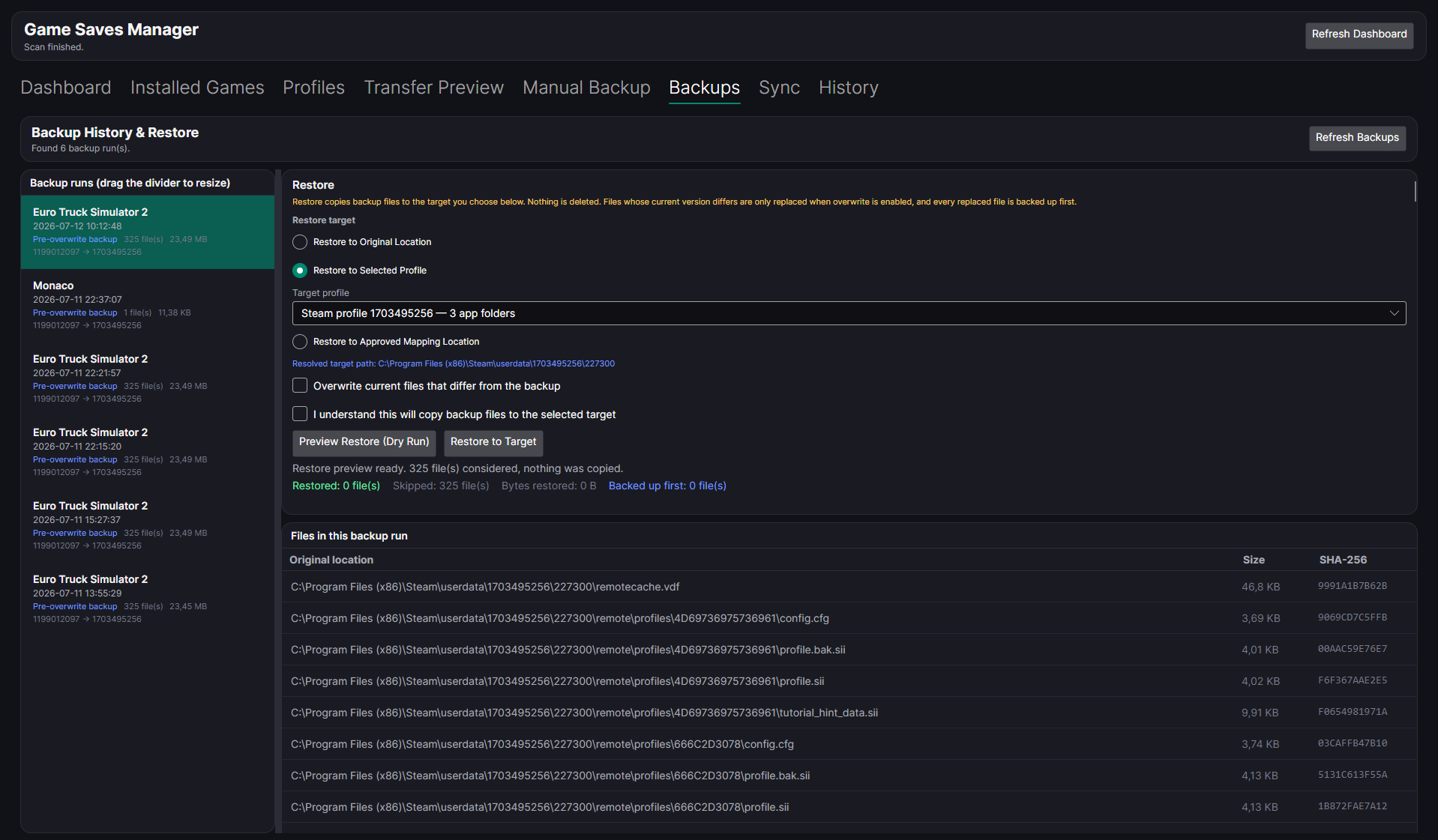 Game Save Manager backup-and-restore screen with backup run details