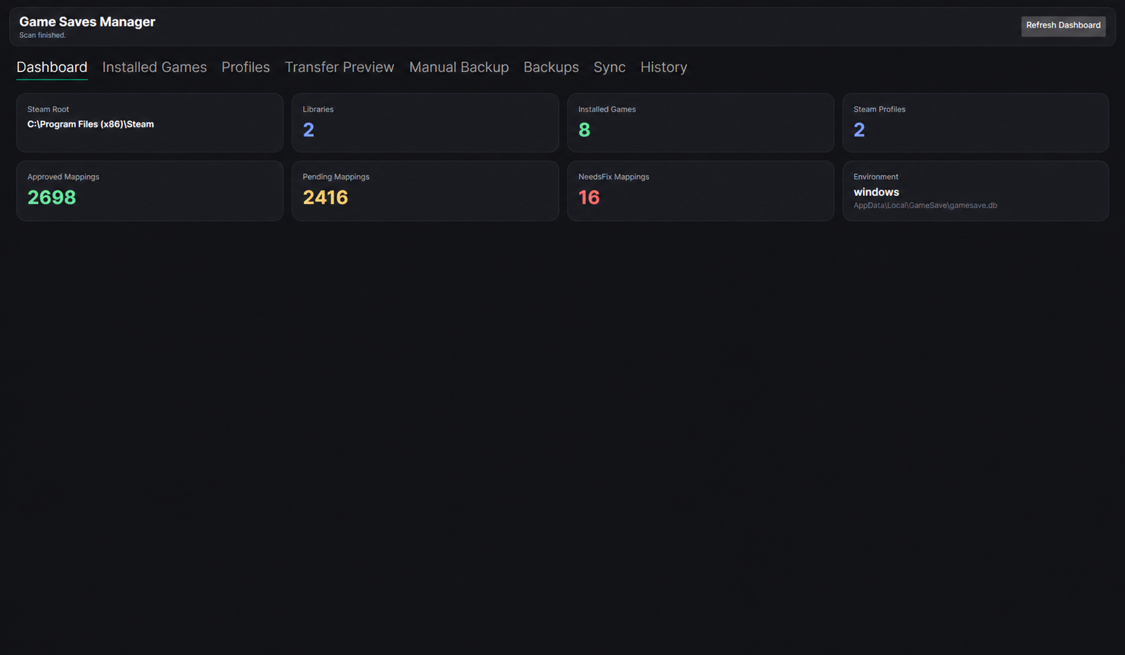 Game Save Manager dashboard showing Steam discovery and save-mapping statistics