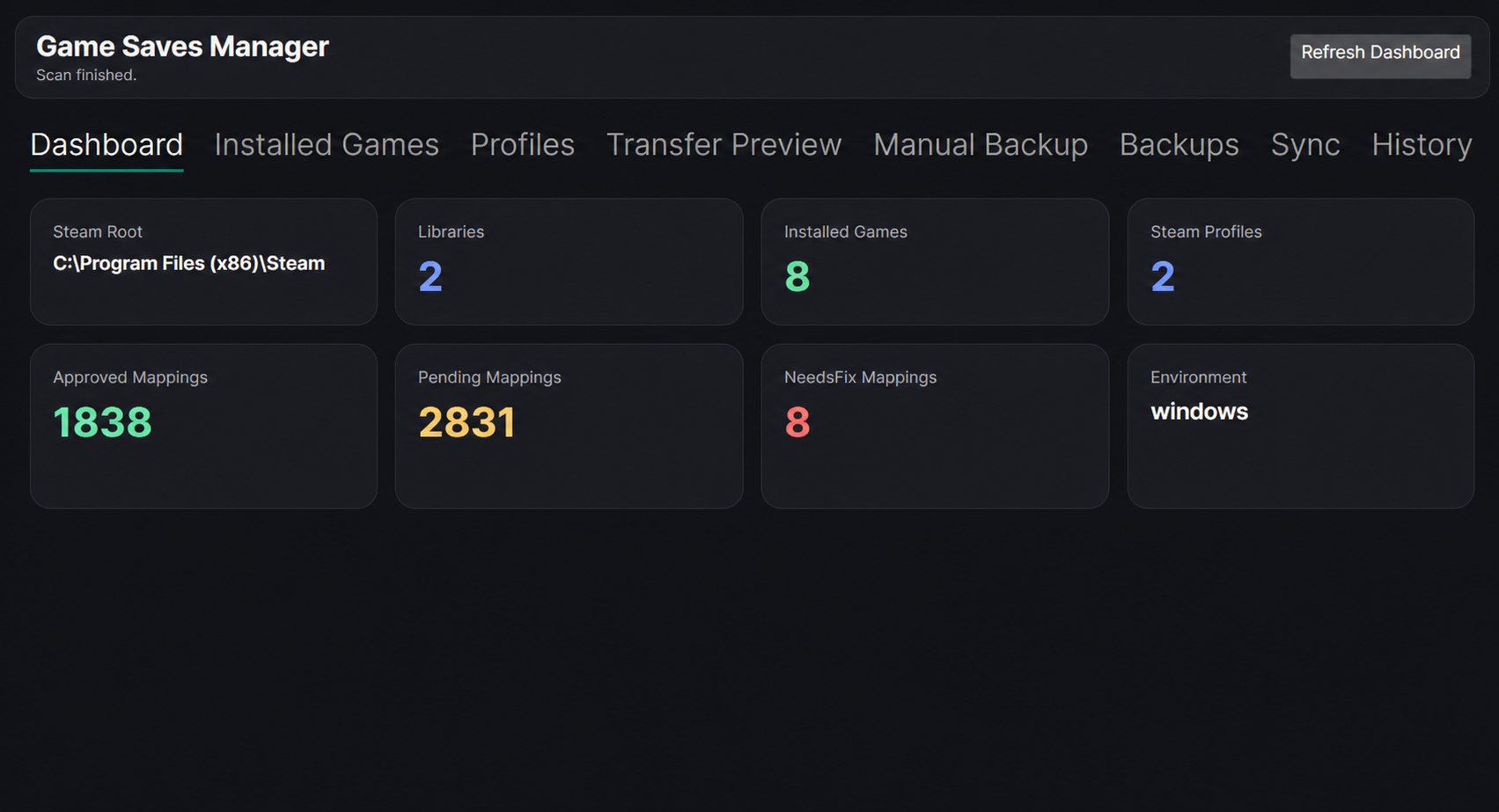 Game Save Manager dashboard showing Steam libraries, installed games and mapping statistics