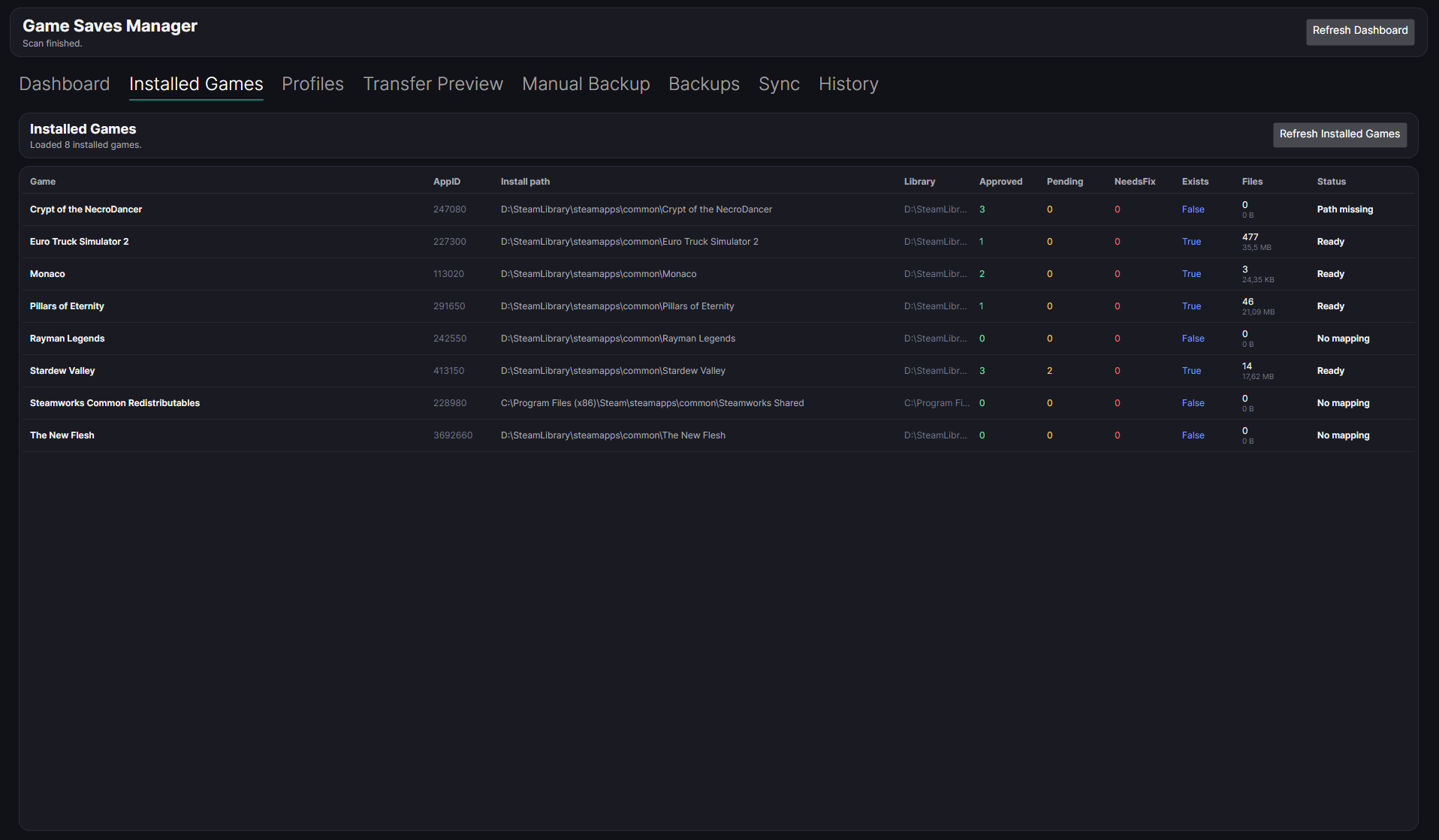 Game Save Manager installed-games view with detected titles and mapping states
