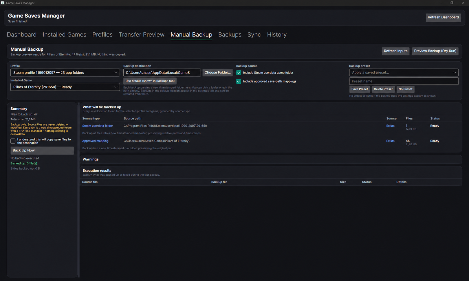 Game Save Manager manual-backup screen with profile and destination controls