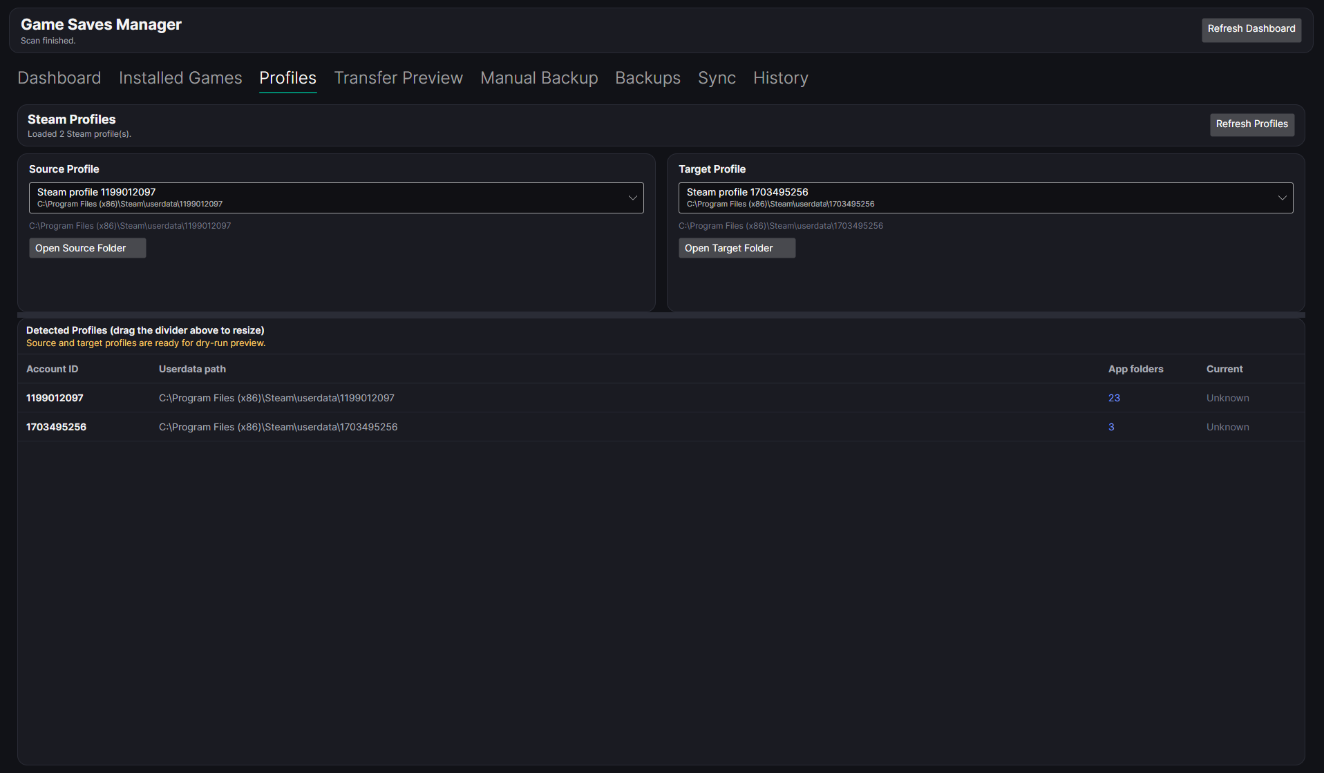 Game Save Manager Steam-profiles view with local profile selection