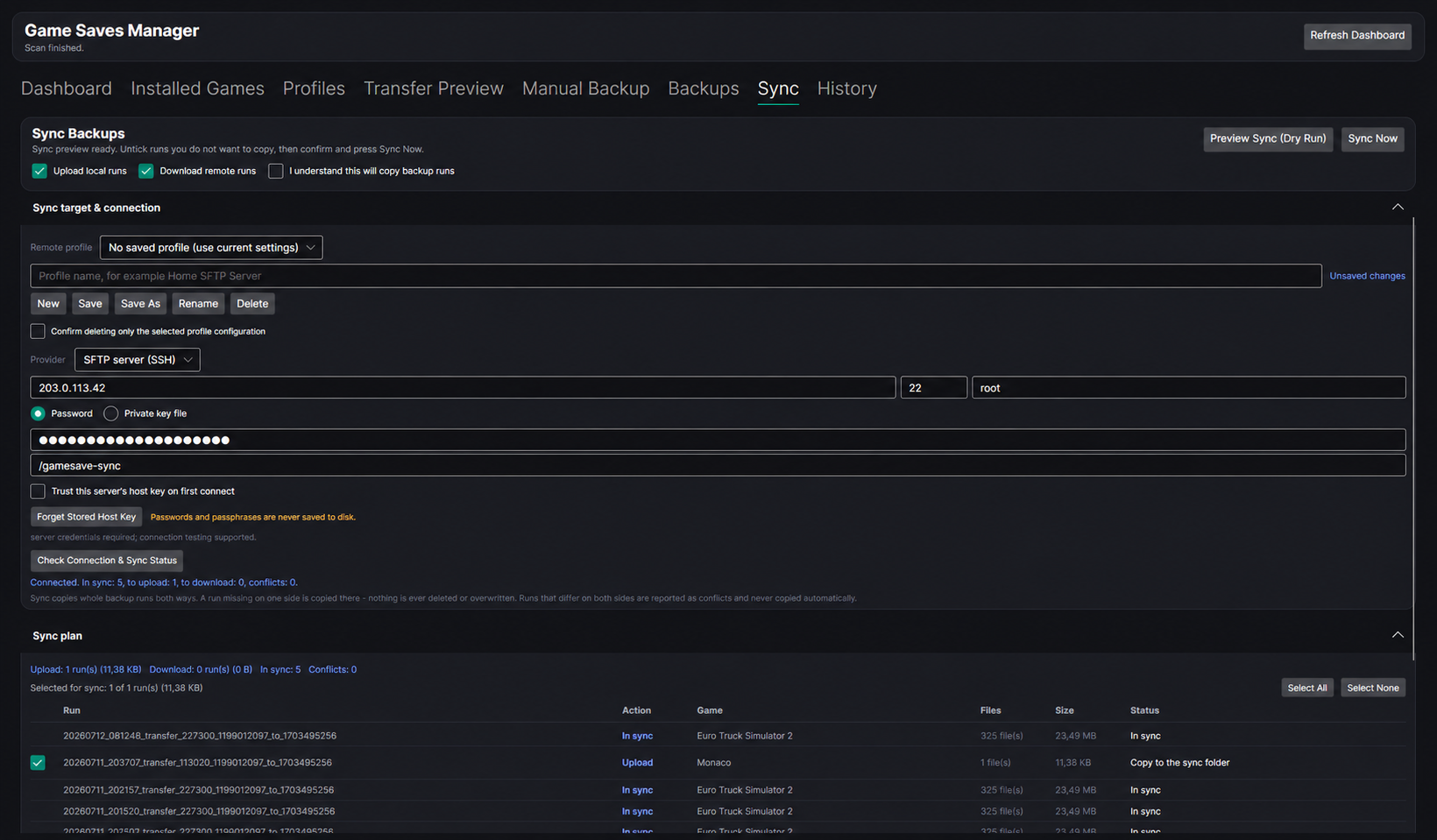Game Save Manager SFTP and SSH synchronisation settings and plan