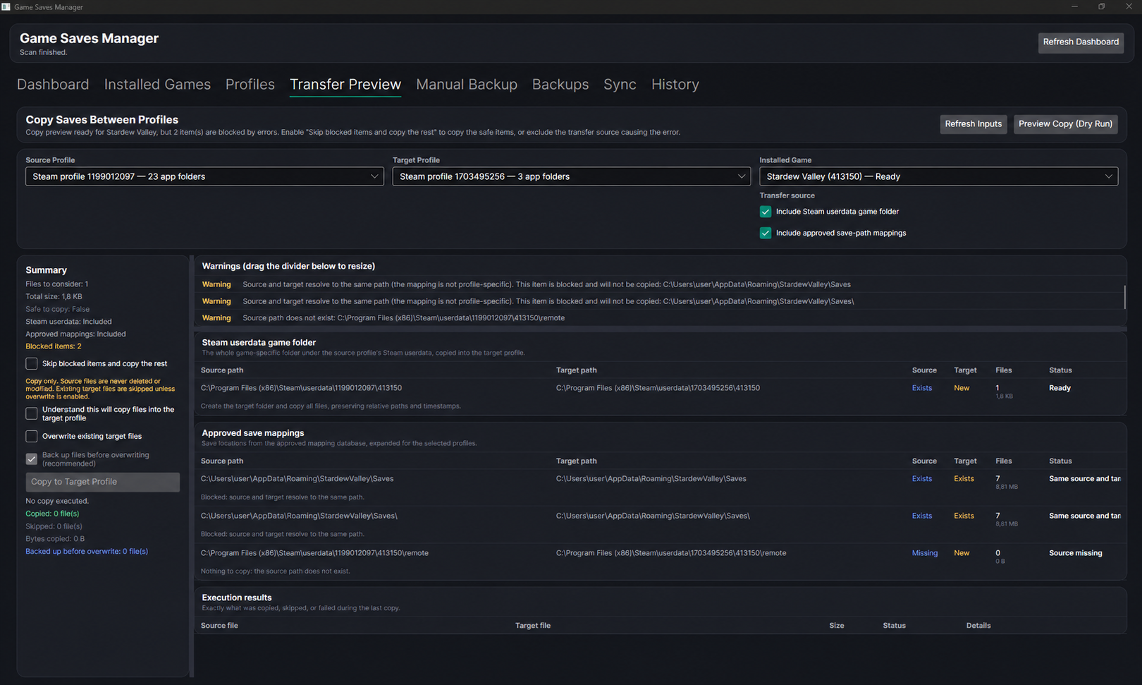Game Save Manager transfer-preview screen listing proposed save-file mappings